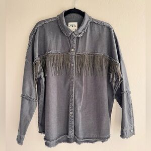 ZARA Rhinestone Fringe Denim Jacket – Gray – Size M